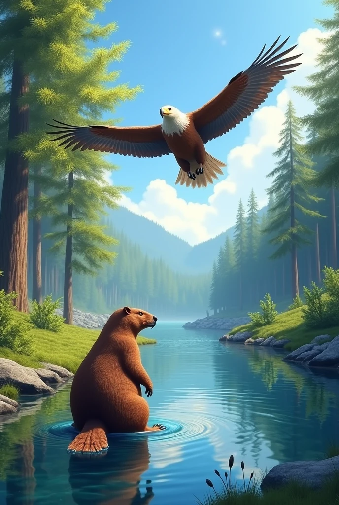 A beaver and an eagle near a river in the forest 