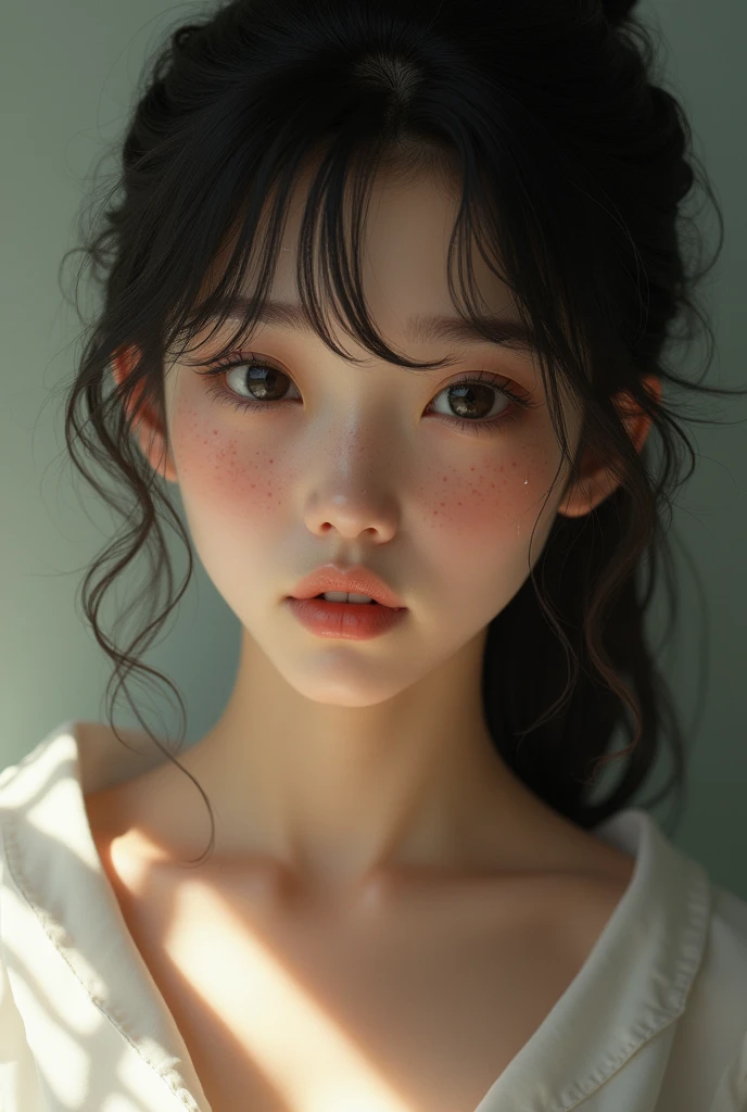(Beautiful 15 year old Japan woman), Cute Face, (Deeply chiseled face:0.7), (freckles:0.6), Soft Light,Healthy white skin, shy, ponytail, (Serious face), (Sparkling eyes), thin
