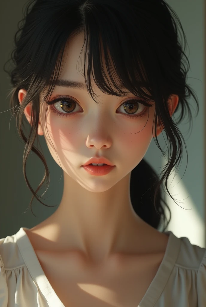 (Beautiful 15 year old Japan woman), Cute Face, (Deeply chiseled face:0.7), (freckles:0.6), Soft Light,Healthy white skin, shy, ponytail, (Serious face), (Sparkling eyes), thin