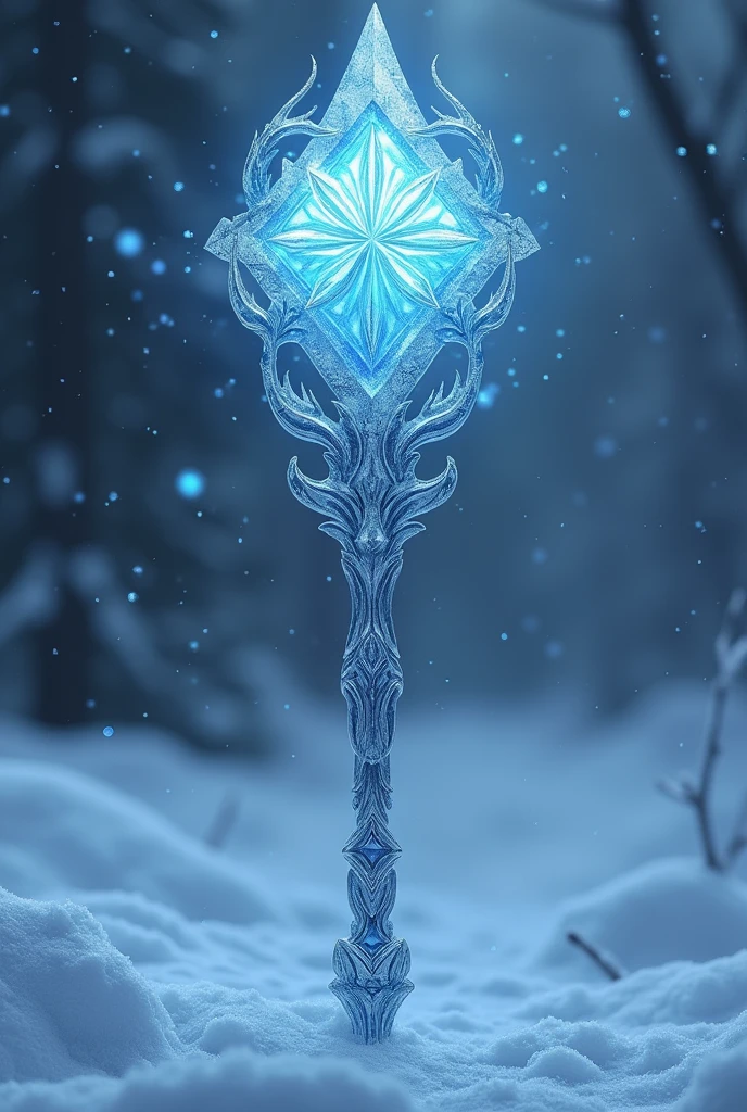 A staff with diamond and ice details, with a bright blue snowflake on the tip, 