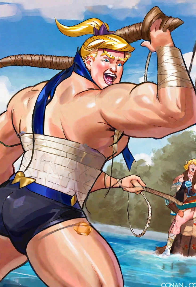 Donald Trump (bandage on one ear, happy grin, muscular, conan outfit) has just speared a fish and raises it out of the water for the women to see, forest pond