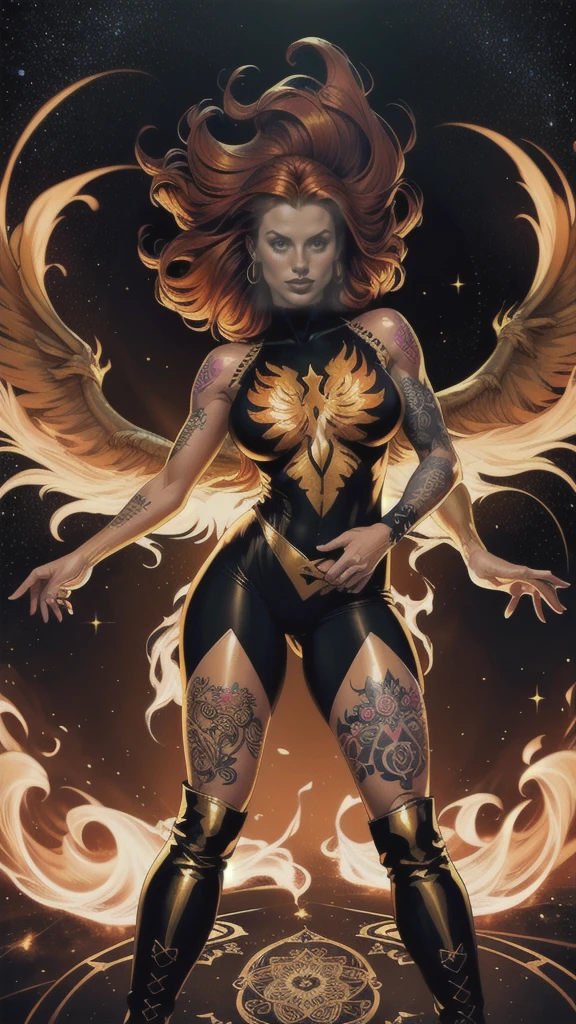 1girl, solo, Jean Grey of X-men, high leg cut out unitard of black and gold, boob window in unitard, ((thighs showing)), ((calf-high boots)), (color mandala tattoos on thighs:1.37), ((color phoenix on chest)), floating in space, arms out in power pose, contrapposto stance, dramatically colorful cosmic background, moody lighting, 16k, best quality, masterpiece, (wide angle:1.27), full length portrait