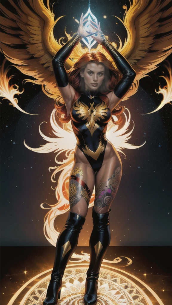 1girl, solo, Jean Grey of X-men, high leg cut out unitard of black and gold, boob window in unitard, ((thighs showing)), ((calf-high boots)), (color mandala tattoos on thighs:1.37), ((color phoenix on chest)), floating in space, arms out in power pose, contrapposto stance, dramatically colorful cosmic background, moody lighting, 16k, best quality, masterpiece, (wide angle:1.27), full length portrait