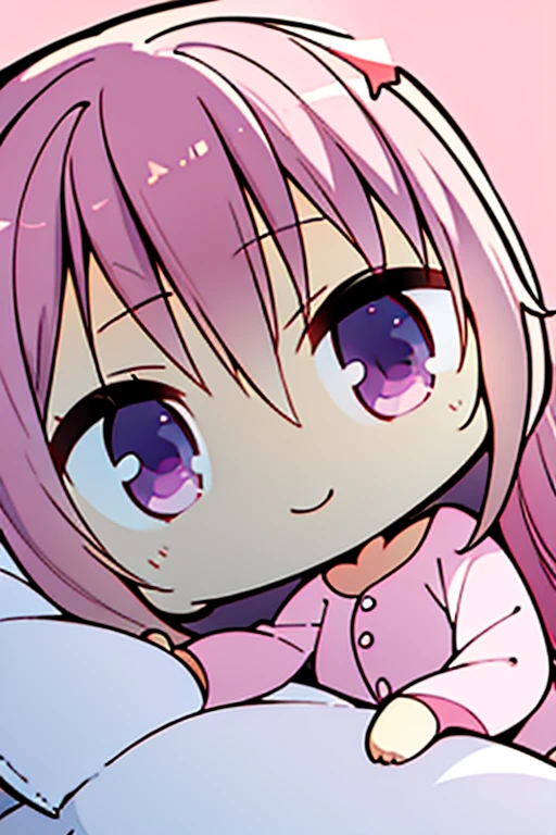 Perfect face. Perfect hands. A pink haired woman with violet eyes and an hourglass figure in adorable pajamas is laying in bed with a tired smile