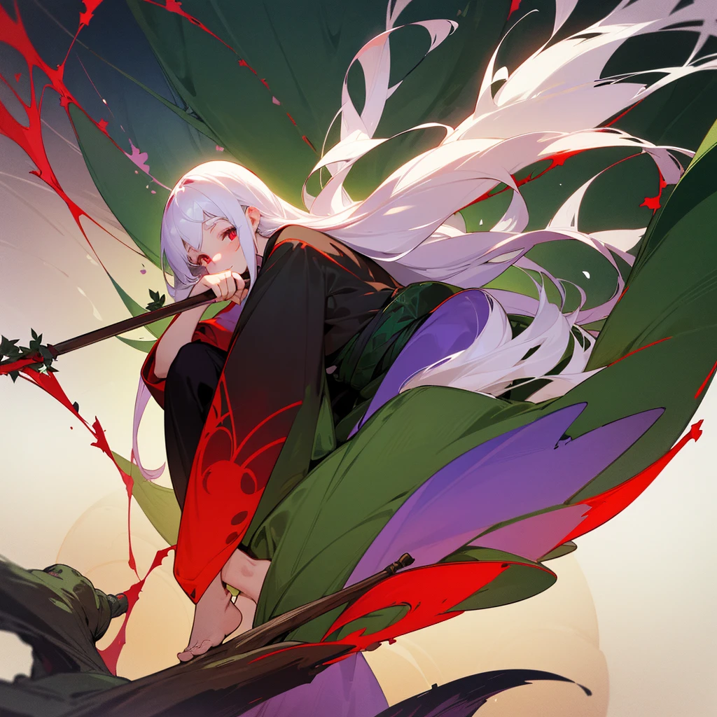 1 , shy face, Eyes red, finger on the cheek, Cheeks red, white hair with black roots, Coke, green blanket with leaves from different trees, holding a wooden staff with a bow and in the center a purple stone, vines grow on your legs, without shoes, flying, aura around your body, forest environment, nightfall, eyes large