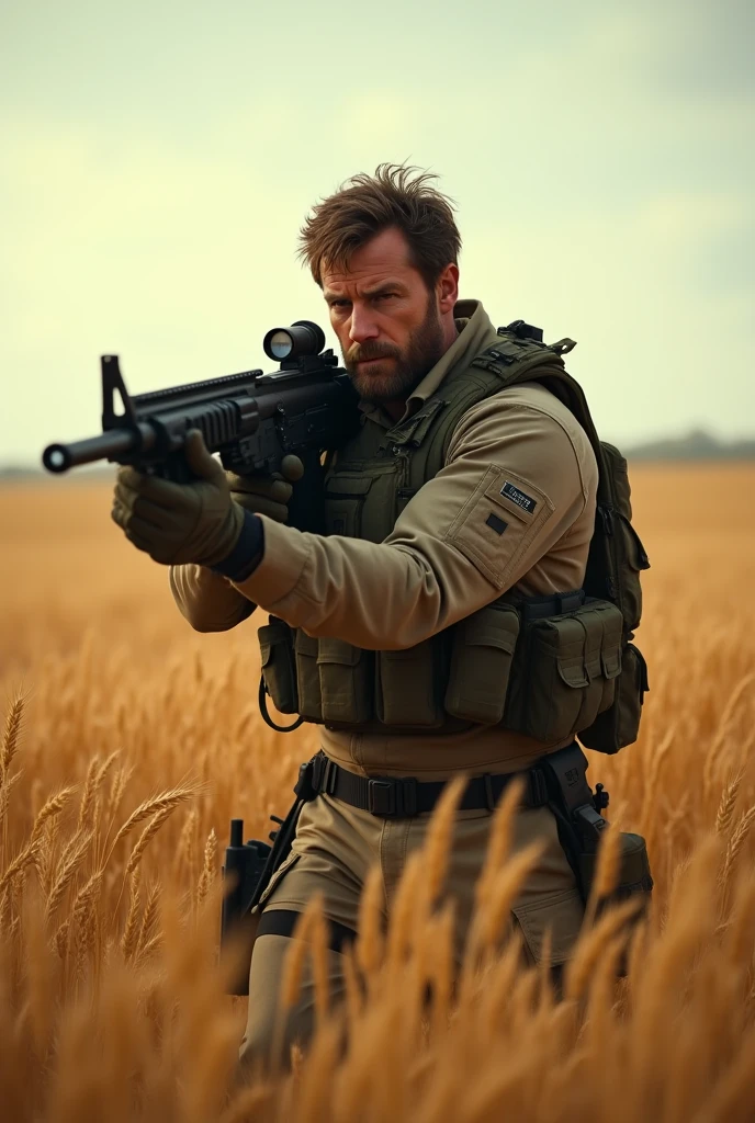 Guy holding machine gun far away in wheat background with the words contractors showdown above him