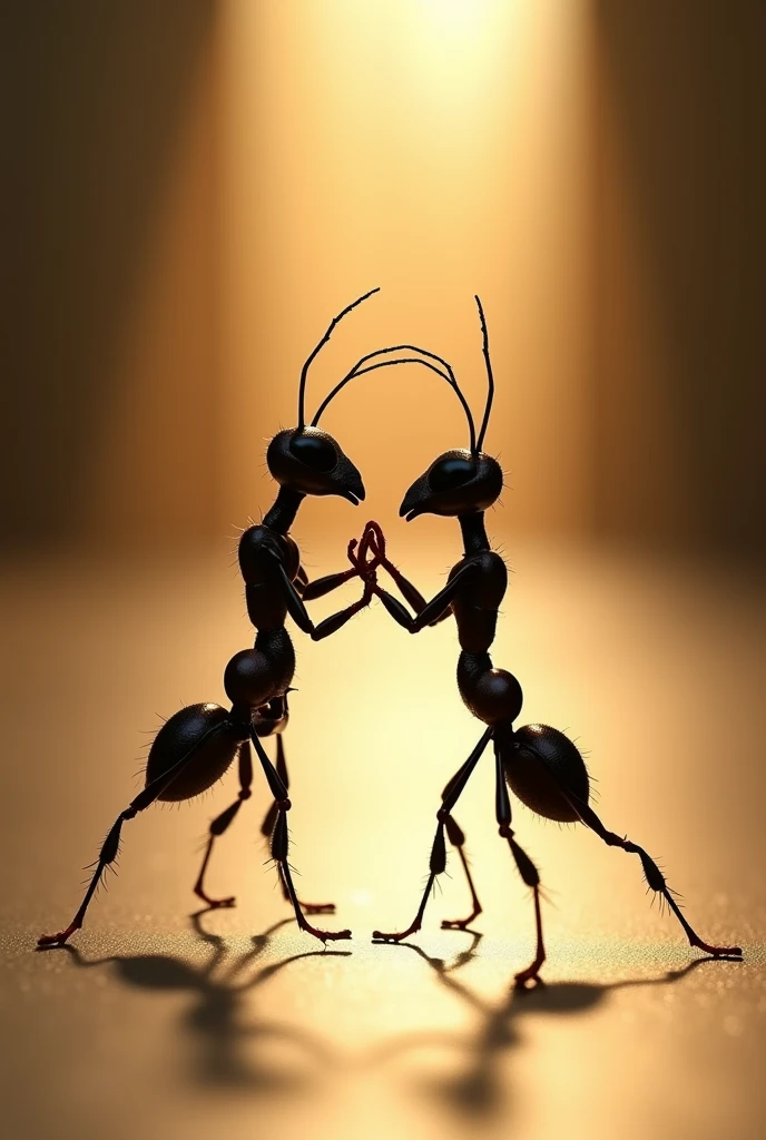 Create a realistic image showing two ants dancing tango. The image must be taken against the light, so that the shadows and profiles of the ants stand out very clearly. Ants must be in a dynamic position, Capturing the movement and grace of tango, with its antennae and legs in elegant positions. Make sure the image has a high level of detail, especially in the texture of the ants and the projected shadows. The backlight should be diffuse and soft., creating a dramatic effect that accentuates the silhouette and shape of the moving ants. The overall atmosphere should be evocative and artistic., with a focus on contrast accuracy, Do not give a human style to ants.