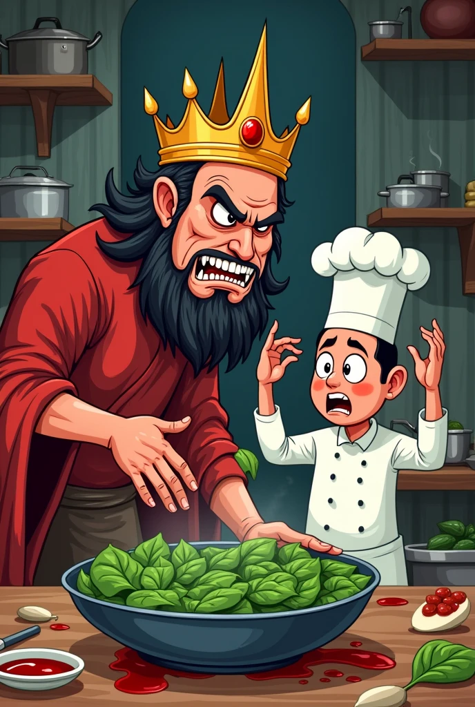 THE STORY OF RAJA BERSIONG 1.
In ancient times, in a country, there was a king who was greatly feared by his people.
The king is known as Raja Bersiong. The title given because he has a pair of sharp fangs.
2.
Raja Bersiong is a king who rules cruelly. He is a king who does not care about the people. King Bersiong is considered a cruel king and feared by the people.
3.
Raja Bersiong has a good cook. Raja Bersiong often ordered his cooks to prepare delicious meals.
4.
However, one day, the cook accidentally cut his finger. As a result, a drop of the cook's blood fell into the spinach dish that he wanted to serve to King Bersiong.
Produce a cartoon image of a children's story for statement number 4 above.