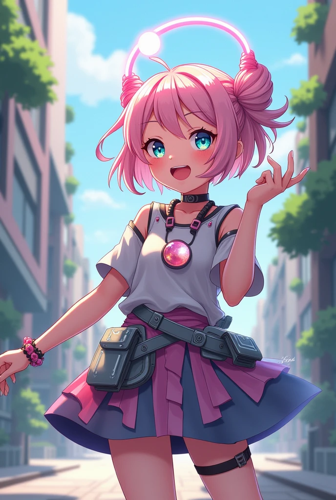 Anime human girl, a young girl with a halo shaped like a moon, light pink hair, two eyes of different colors, her outfit is cyber but modern, has a cheerful smile.