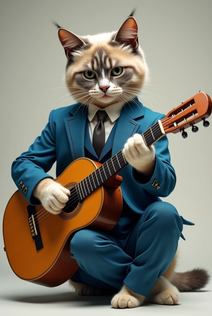 A cat in a blue suit playing guitar