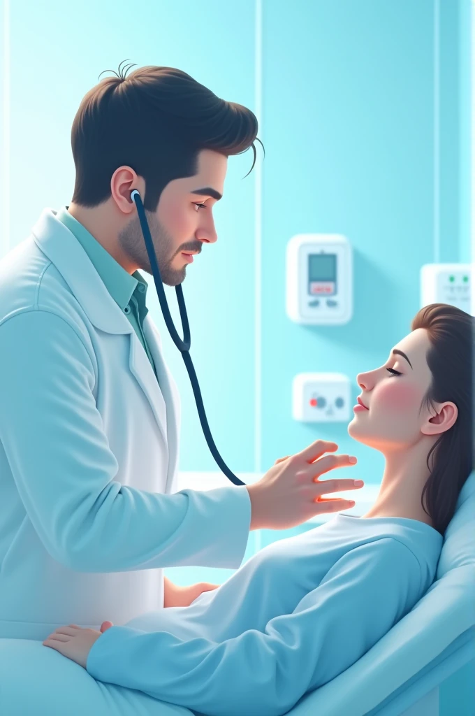 A doctor in a white coat, using a stethoscope, Examining a patient&#39;s heart in a hospital bed. light blue background, Realistic style."