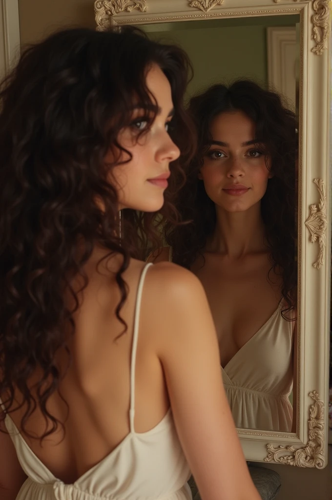 Brunette with curly hair wearing a dress and taking a selfie in the mirror 