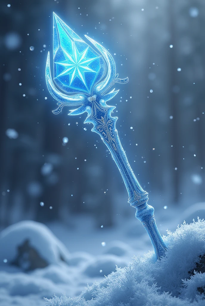 A staff with diamond and ice details, with a bright blue snowflake on the tip, 