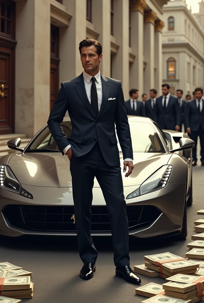 A gentleman with suite alongside ferrari between bank and a many dollars bags in the road and many bodyguard in the background