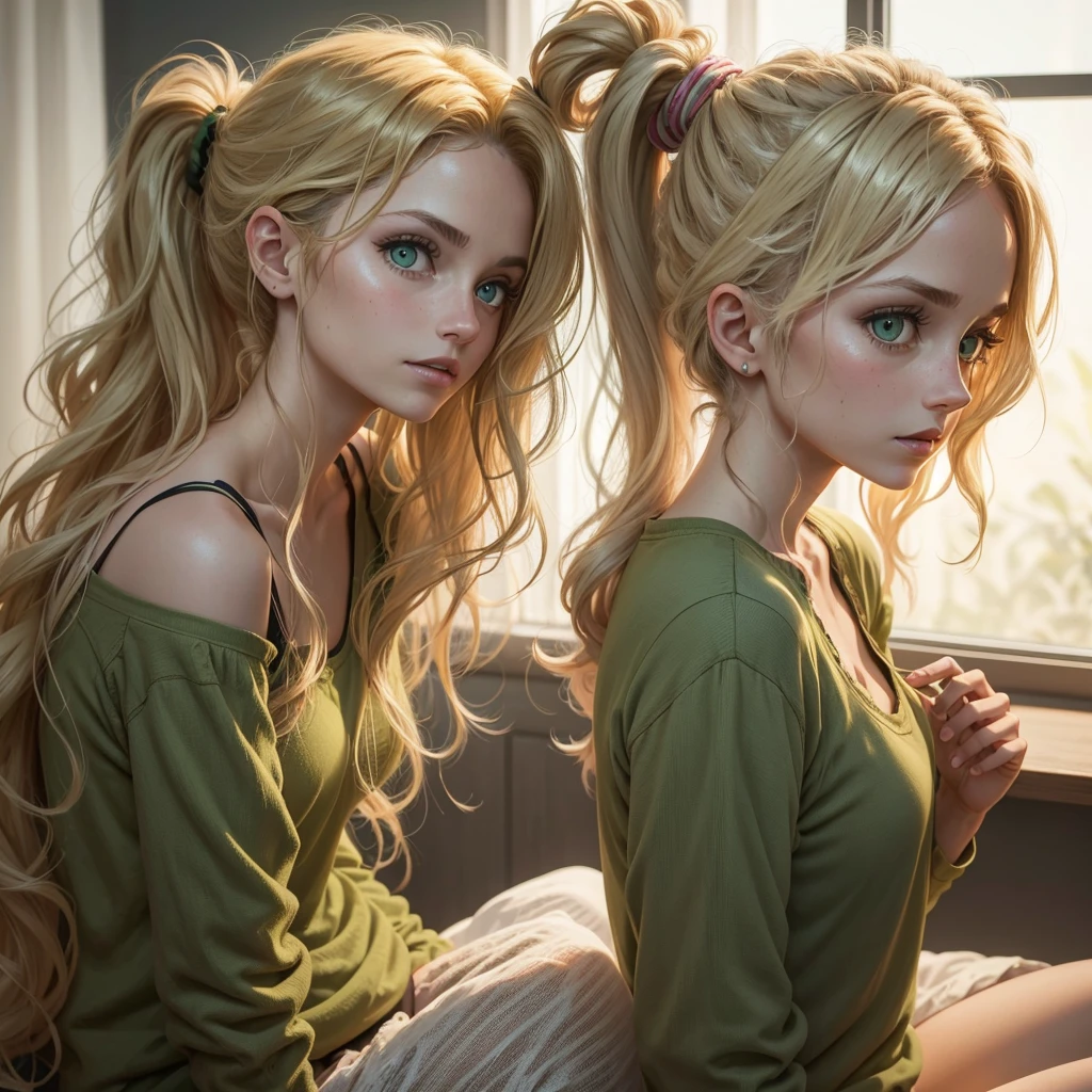 A wavy dirty blonde hair woman with hair tied on a ponytail and green big eyes