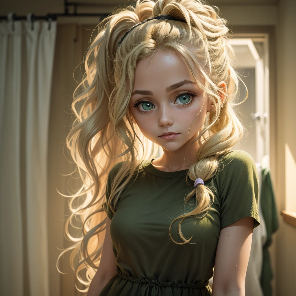 A wavy dirty blonde hair woman with hair tied on a ponytail and green big eyes