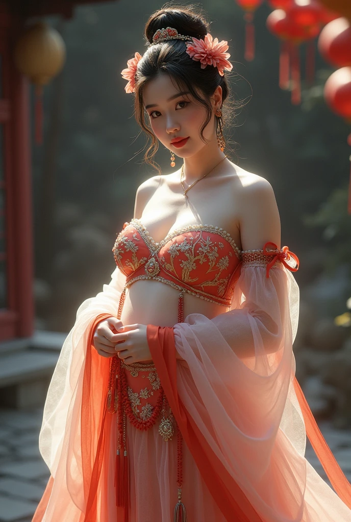 Chinese Girl , Thick body, Curvy body, Bending at waist, Large Breasts, White skin, Gorgeous clothing with exquisite embroidery, Exposing breasts, Flowing tulle, Long transparent colored ribbon tied around the arm, Inspired by Chinese films, Show your belly button, Bare shoulders, Bare neck, High bun,Flower hairpins, Ribbon on armband, wreath, bracelet, Anklets, High heel, Metal chain tassels at waist, Mogao Grottoes Art, Ink Painting, cgstation pop music, In the castle at night, ((whole body)), ((Super realistic)), Kaneko, Kaneko