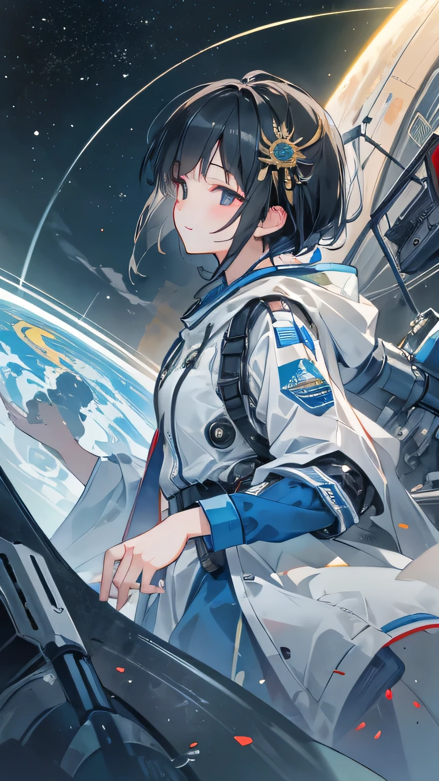 (((masterpiece))), (((Highest quality))), ((Very detailed)), (Highly detailed CG illustrations), ((Very delicate and beautiful)),(From the side),Cinematic Light,A girl climbs into the cockpit、Black Hair、long、Boarding a small spaceship,In the cockpit,Starry Sky, Big Clouds,colored glaze,Golden Universe,Space Station、Preparing for takeoff、Spacesuit、Aiming for Andromeda、Lonely smile,Good luck,Close the hatch,Complex Instrumentation、White Mask、High saturation