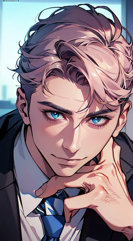 (best quality,4k,8k,highres,masterpiece:1.2),ultra-detailed,(realistic,photorealistic,photo-realistic:1.37),1 man,3,mature man,very handsome,without expression,smile,short grey pink hair,blue eyes,penetrating gaze,perfect face without errors,imposing posture,businessman,office background,cinematic lighting,hdr image