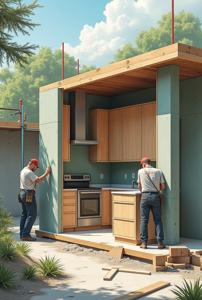 ((best quality)), ((masterpiece)), (detailed), perfect faceA detailed image showing the construction of a building, with a focus on the construction of a kitchen cabinet. The image should depict a partially built structure, with workers installing cabinetry or furniture in a kitchen area. The design should balance elements of construction like scaffolding, walls, or tools, while emphasizing craftsmanship in the creation of the kitchen furniture. The scene should feel modern and professional, using neutral and natural tones like greens, browns, and grays, evoking both the construction and carpentry elements."