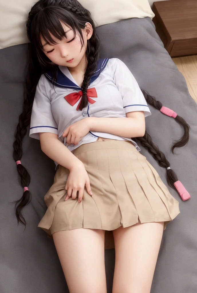 Japanese female junior high school student, , long hair in braids, cute school uniform, unbuttoned sailor suit, skirt rolled up wide, sleeping on a bed in the nurse's office, menstrual pain, fever, sweaty forehead, flushed cheeks, sweat running down chest, steamy panties, girlish buttocks, sweaty inner thighs, flushed thighs, panties digging into, damp panties