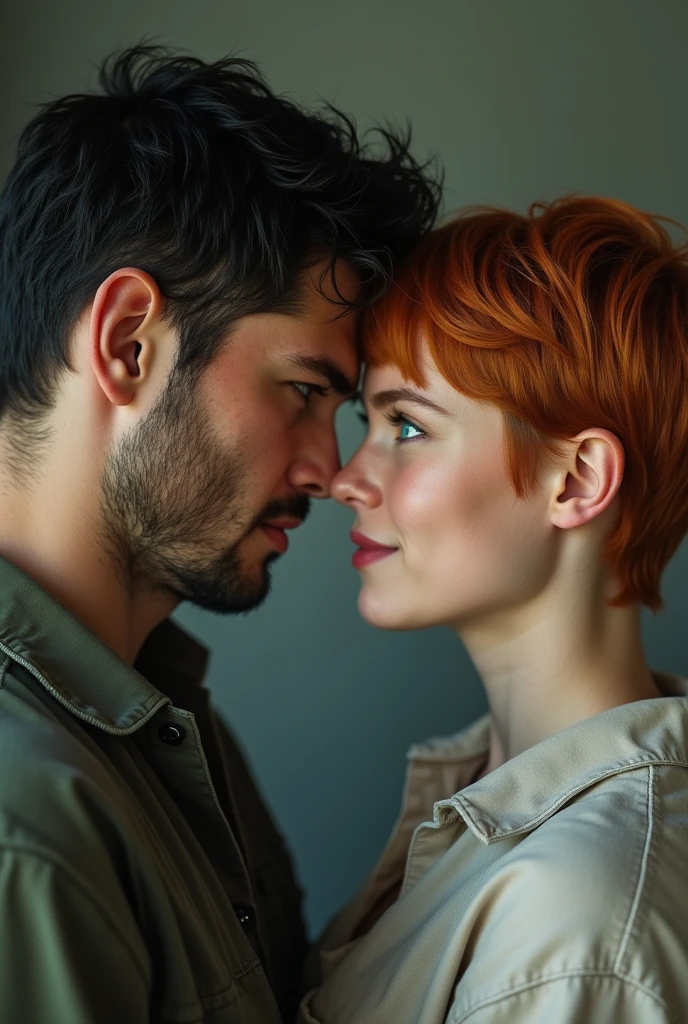 Sweet smiling tan girl with pixie cut ginger hair and sad aqua blue eyes in love with a bad boy Ex-convict with short black hair and dark brown eyes