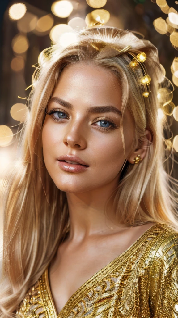 A girl with flowing golden blonde hair, beautiful detailed eyes, beautiful detailed lips, extremely detailed face, long eyelashes, golden imperial outfit, arrogant laughter, dynamic angle, clear sky background with twinkling lights, 8k, best quality, highres, ultra-detailed, photorealistic, vivid colors, masterpiece