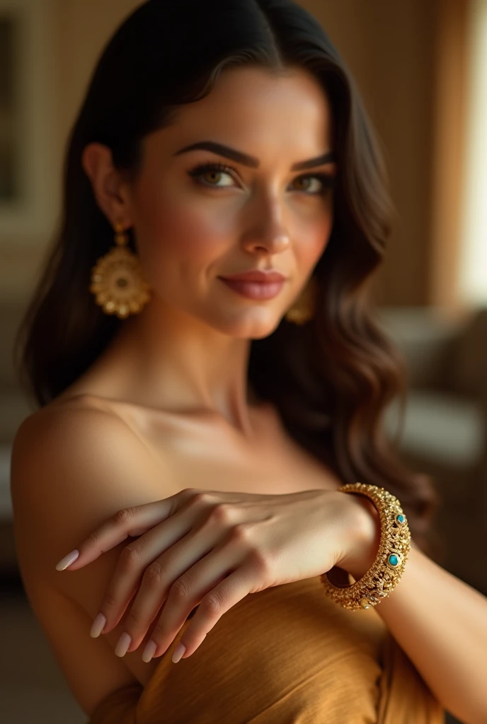 Woman showing gold bracelet