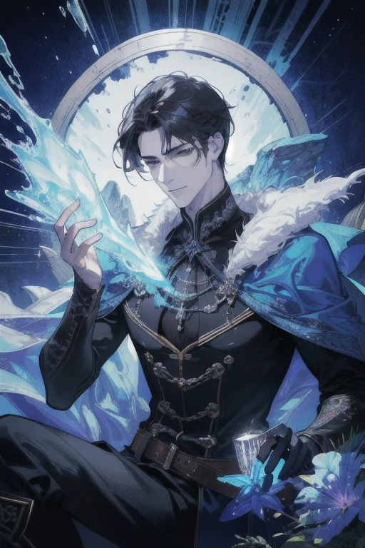 (Absurd, High resolution, Super detailed), 1 male, Adult, good looking, Tall and muscular man, Broad shoulders, Detailed drawn eyes, Dark Hair, Fantasy, Complex patterns, Detailed face, Throne, Magical Effects, The optimal ratio is four fingers to one thumb, ice, intense cold, Cold wave, smile, (Dutch Angle), Mouth closed