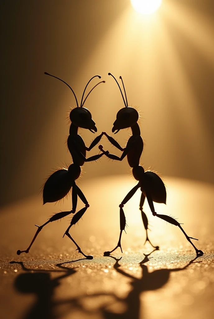 Create a realistic image showing two ants dancing tango. The image must be taken against the light, so that the shadows and profiles of the ants stand out very clearly. Ants must be in a dynamic position, Capturing the movement and grace of tango, with its antennae and legs in elegant positions. Make sure the image has a high level of detail, especially in the texture of the ants and the projected shadows. The backlight should be diffuse and soft., creating a dramatic effect that accentuates the silhouette and shape of the moving ants. The overall atmosphere should be evocative and artistic., with a focus on contrast accuracy.
