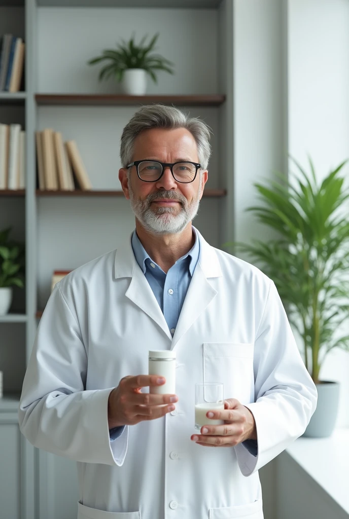 Create a man 30 years, in a white coat, glasses, holding a glass of water in his left hand and a white medicine pot in his right hand. in the background a bookshelf with books. White wall with green details