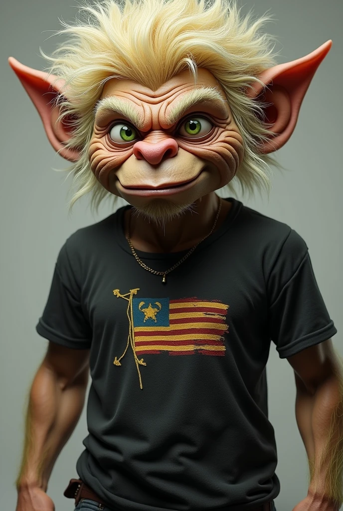 Troll in black shirt with Gadsden flag. blond hair. green eyes.