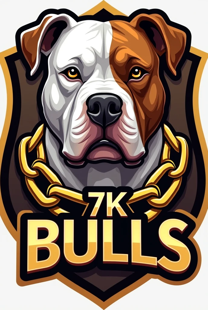 "Generate an eye-catching logo for an exotic American Bully breeder, micro size. The dog must be muscular, white and exotic brown , with short snout, well-marked forehead and cropped ears like a pitbull. The body should resemble that of an English bulldog., but with extra defined muscles. The logo should include gold chains for a luxurious touch.. The name of the breeder is '7K Bulls' and must be written prominently in a stylish font. The predominant colors should be gold and rich tones that stand out."