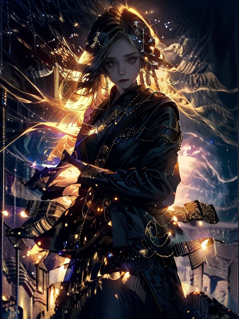Runic Background、Wearing a black robe、Mage's Clothing、golden hair color、look at the viewer、masterpiece、cute woman、Wearing elegant school clothes