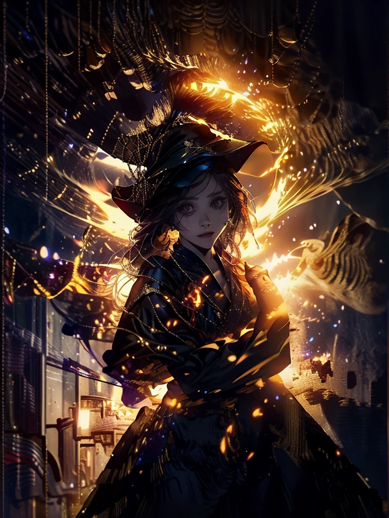 Runic Background、Wearing a black robe、Mage's Clothing、golden hair color、look at the viewer、masterpiece、cute woman、Wearing elegant school clothes