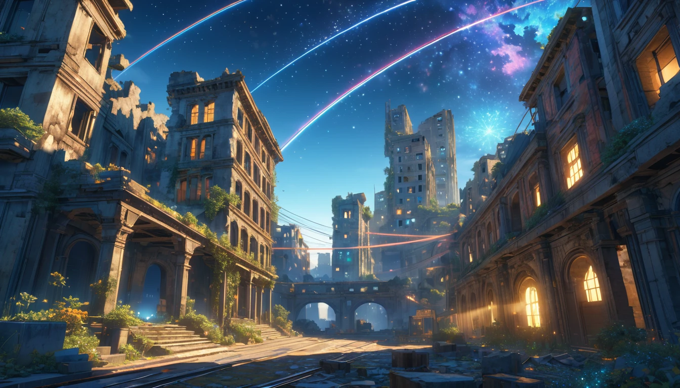 score_9, score_8_upper, score_7_upper,(((City Ruins))),Modern ruins,sf,(((blue))),Morning Glow,Starry Sky,Streaks of Light,(masterpiece, Highest quality, Highest quality, Official Art, beautiful, beautiful:1.2,Ray Tracing),Very detailed,Blue tones,Very detailed, (Fractal Art:1.3), Most detailed, High resolution, Impressive visuals, (Dynamic Stripes, Light trail:1.2), Vibrant colors ,Detailed Images