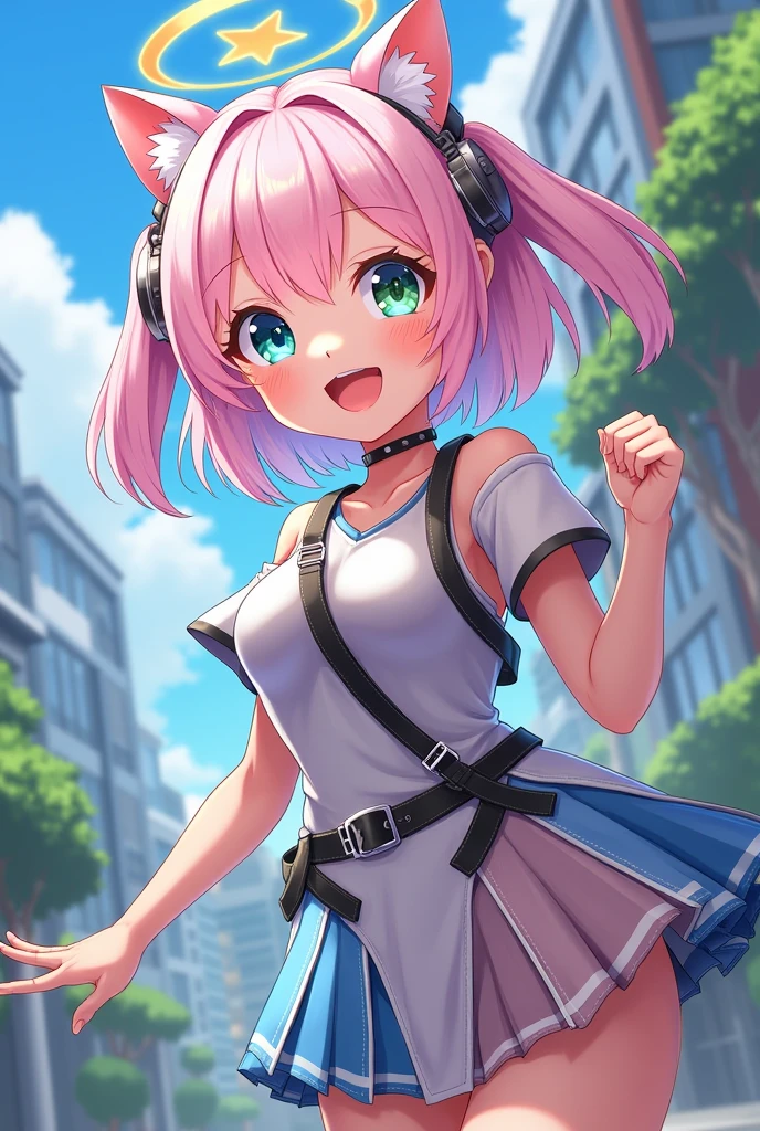 Anime human girl, a young girl with a halo shaped like a moon, light pink hair, two eyes of different colors, her outfit is cyber but modern, has a cheerful smile.