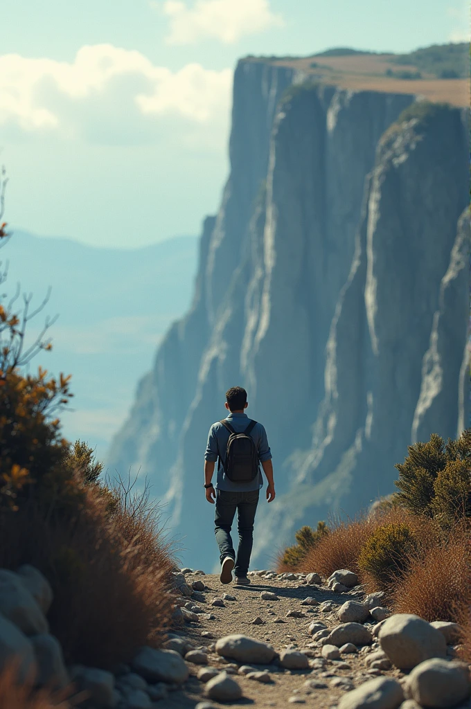Person walking with a cell phone in his hands heading towards a cliff 