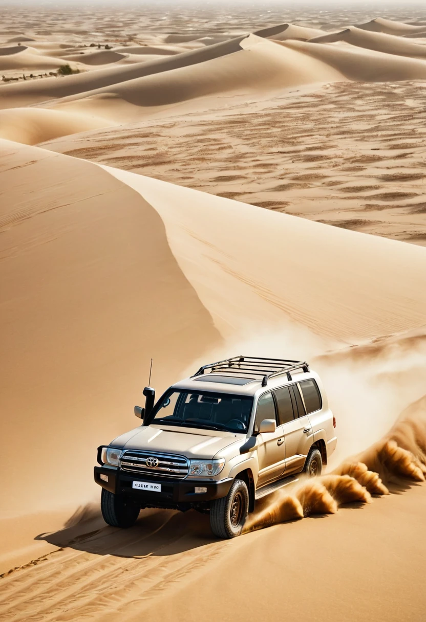 a highly detailed Toyota 4wd land cruiser, driving through vast sand dunes, sand plume rising, Dubai skyline in the distance, hyper realistic, highly detailed, perfect lighting, deep shadows, flawless camerawork, cinematic lighting, volumetric lighting, photorealistic, dramatic composition, epic scale, detailed textures, glossy paint, rugged off-road details, dust and sand effects, dynamic motion blur, dramatic clouds, golden hour lighting