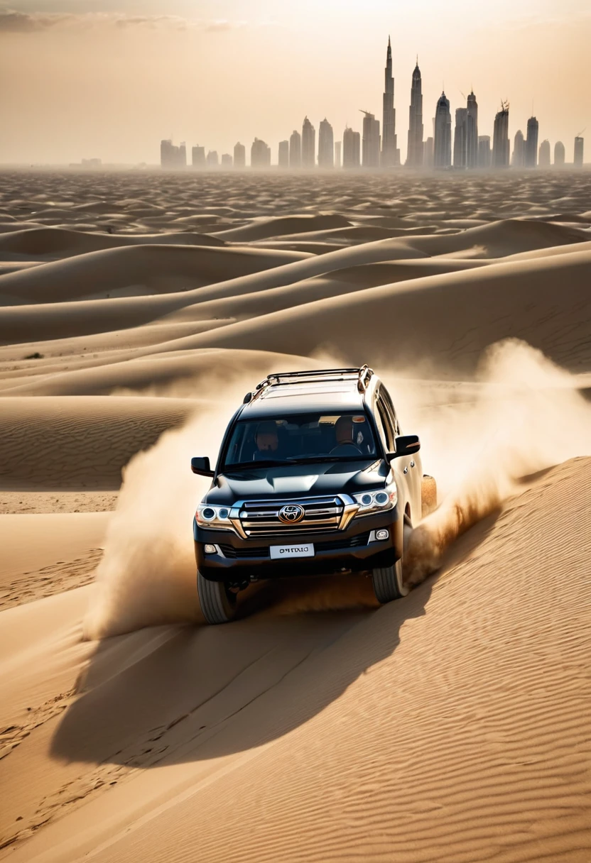 a highly detailed Toyota 4wd land cruiser, driving through vast sand dunes, sand plume rising, Dubai skyline in the distance, hyper realistic, highly detailed, perfect lighting, deep shadows, flawless camerawork, cinematic lighting, volumetric lighting, photorealistic, dramatic composition, epic scale, detailed textures, glossy paint, rugged off-road details, dust and sand effects, dynamic motion blur, dramatic clouds, golden hour lighting
