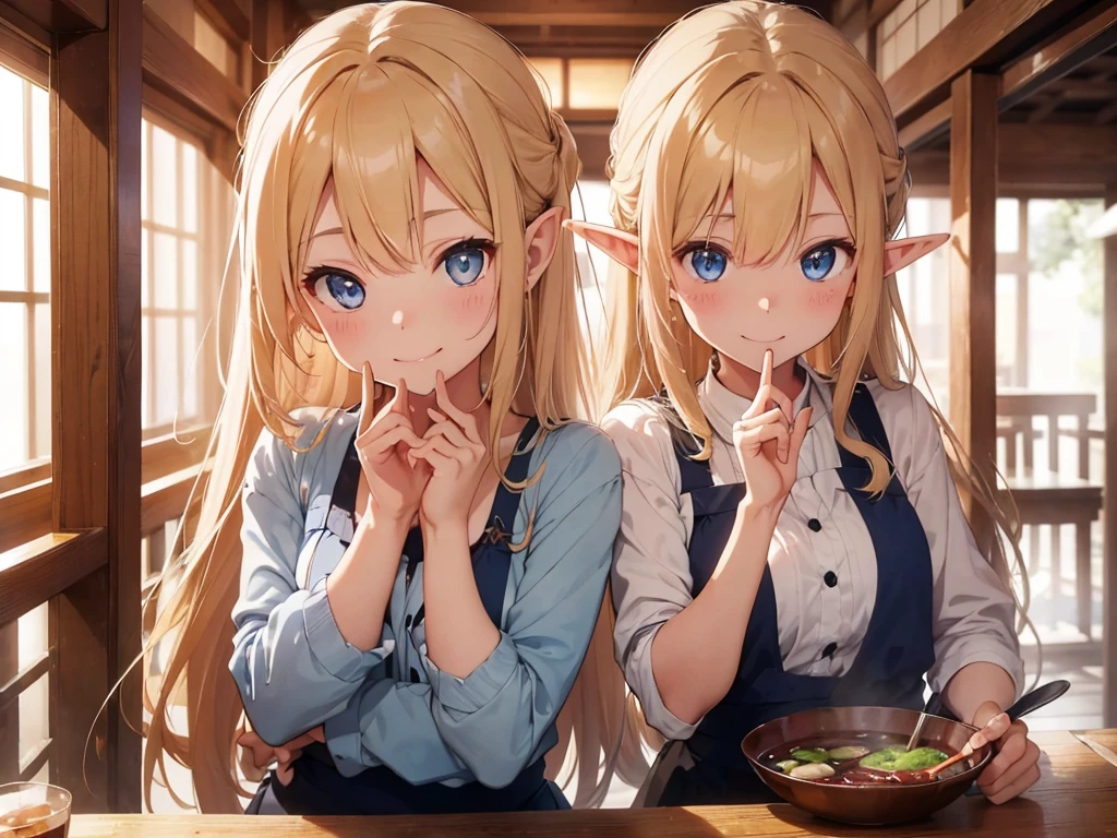 High resolution、8k Ultra HD、((water color))、Inside the japanese izakaya restaurant, Yakitori, Edamame, Blonde long hair elf, She is wearing a white blouse、((Blue eyes)), ((smile)), Holding a fork in your right hand. (The index finger of her left hand is pressing against her cheek.), (Glass of red wine),　The men around me are drunk