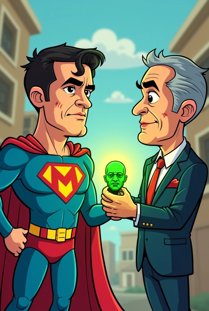 Create a cartoon of Super M with Pablo Marçal's face with M on his chest and Guilherme Boulos showing kryptonite in the shape of Alexandre de Moraes