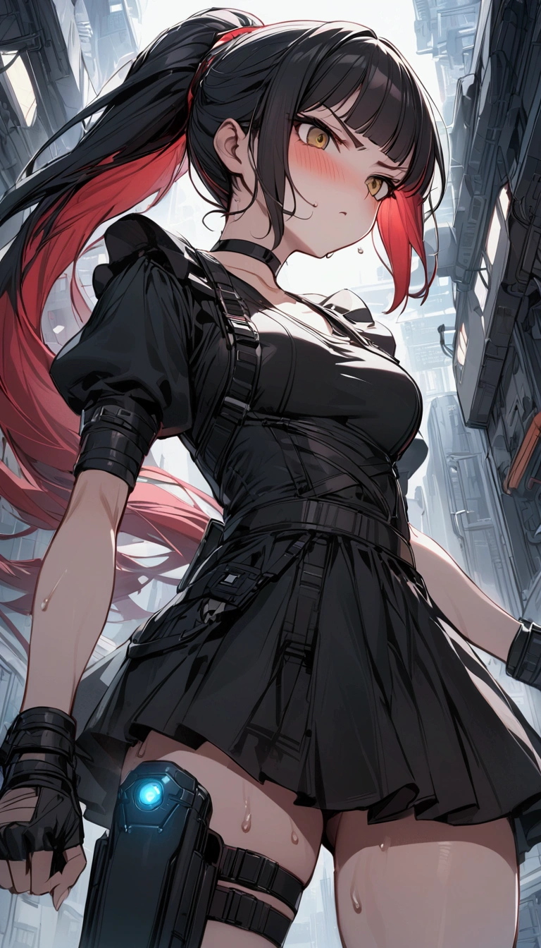Focus on the thighs.,from below,from side,cowboy shot,1girl solo,Female fighter ,maid outfit, ,{{White frilled apron:1.6}},collarbone, {{white puff sleeves:1.4}}, {{White short-sleeved puff-sleeved blouse:1.6}},,black shoulder straps, black corset, black skirt, blunt bangs, black choker. Dynamic composition,dutch angle,fighting stance,{{fight}},{{masterpiece}}, {{{Highest quality}}},{{Very detailed}},holster ,Fight,,{{v-shaped eyebrows}},Bad mood,blush,Sweat,raise one's eyebrows ,Black hair Long hair,Blunt bangs ,Red hair band,cyberpunk ,Black fingerless gloves ,ponytail,Training area,Indoor