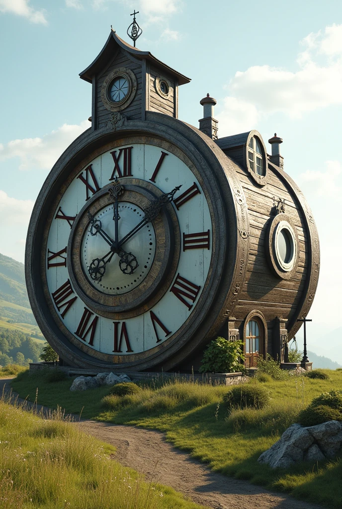 A two-story house but shaped like a clock that is long and wide and big