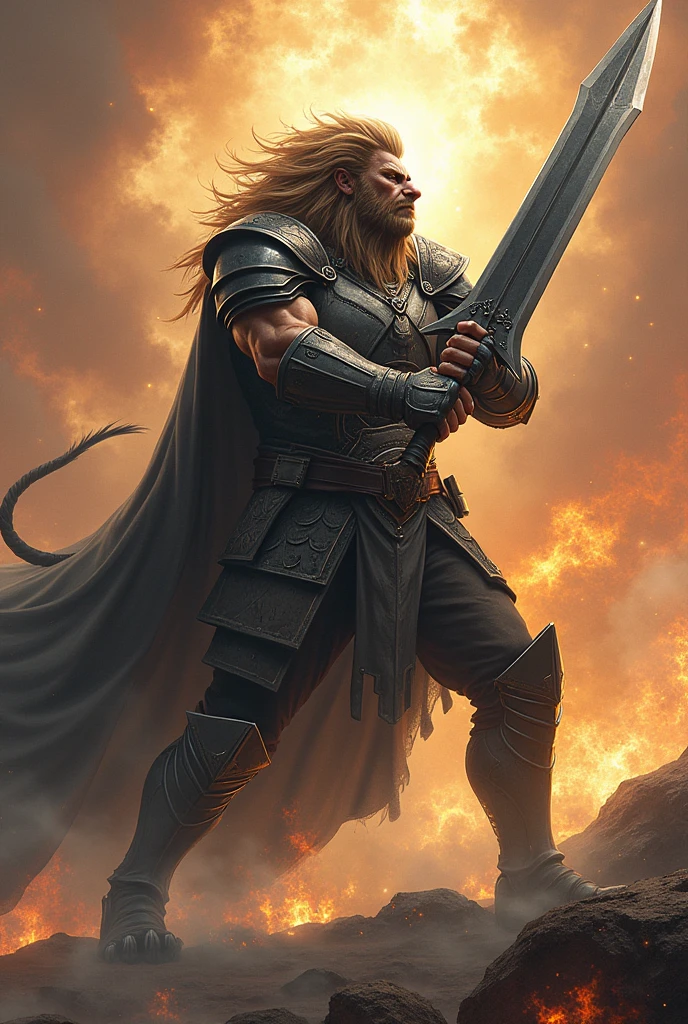 Tabletop RPG character (fully body) ultra realisitic!!! ATTACKING A TWO-HANDED CLYMORE!!! CELESTIAL WAR BACKGROUND!
3. **race**: **robe** warrior class priest apprentice - **Characteristics**: Duriel pertence à raça robe, characterized by a bestial and leonine appearance, mixing feline traits:
- **head**: Duriel has a face that mixes human features with those of a lion.. He has a thick, wild mane that runs down the back of his head to his shoulders.. Your eyes are intense, and their teeth are sharp, with prominent canines.
- **cos**: robust and muscular, with a posture that reflects the strength and elegance of a warrior. Your chest is wide, and his arms are powerful, indicating his great physical strength.
- **patas**: Its legs end in lion-like paws., com garras afiadas. The paws are covered with golden fur that reaches up to the knees.. He doesn't wear shoes, but the armor protects your ankles and part of your legs.
- **Tailpussy**: Duriel has a lion's tail, that moves elegantly and naturally, adding to its bestial aspect.
4. **General appearance**:
- **kor**: approximately 35 years.
- **tenue**:
- **armour**: Duriel wears simple, functional armor., made of sturdy metal. The armor covers his torso, Shoulders and arms, without ornaments or magical inscriptions, reflecting his battle experience and his preference for practicality.
- **Elmo**: He wears a helmet that covers part of his face., with space for your mane to come out. The helmet has a partial mask, giving it an intimidating appearance.
- **badass clothing**: Underneath the armor, Duriel wears leather clothes, suitable for long journeys and hostile environments.
- **Claymore**: Duriel wields a large Claymore with **Both hands**. Made of Dwarven Steel, the sword has a dark gray tone, being robust and striking, reflecting your strength and presence.
- **stance**: