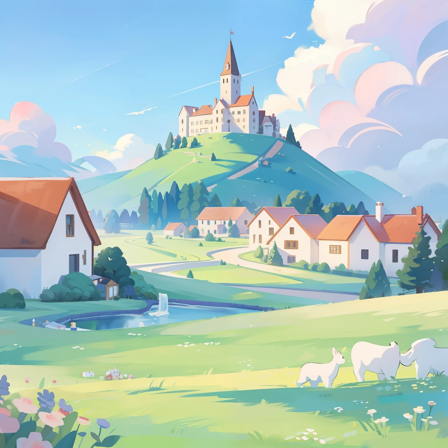 watercolor, children's storybook illustration, a castle surrounded by a village, houses, cottages, buildings, towers, clouds, colorful, vibrant warm colors, bright, ((masterpiece)), ((best quality)), 8k, intricate detail, high resolution, highly detailed environment, perfect architecture. image size 3000px height and 6000px width