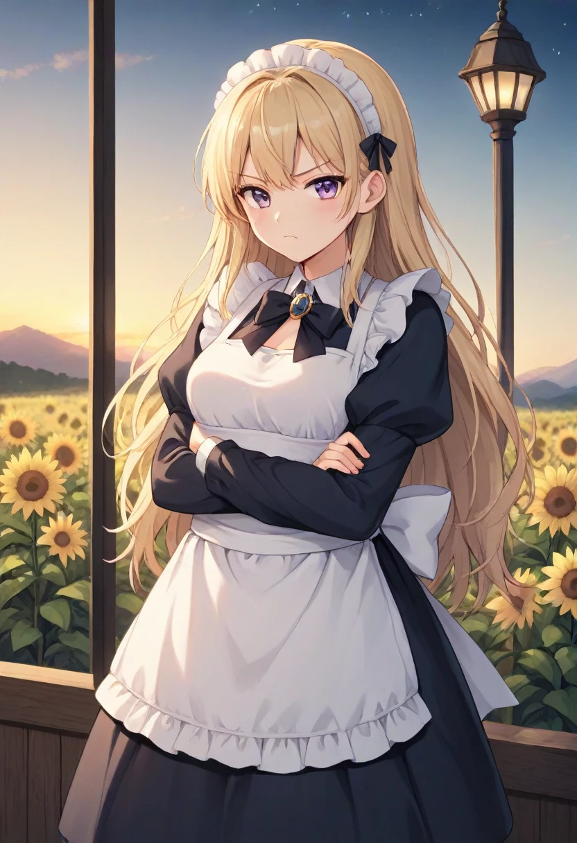 1 girl, apron, Blonde Hair, bow, Chest抱持, Chest, brooch, Cross your arms, skirt, dusk, enmaided, night, frown, ginkgo leaf, slope, slope background, Long hair, Long sleeve, Looking at the audience, maid, maid apron, maid headskirt, medium Chest, 橙色background, 橙色Sky, 橙色theme, Ribbon, solitary, sunflower, Sunset, V-shaped eyebrows, white apron, background, Sky, theme