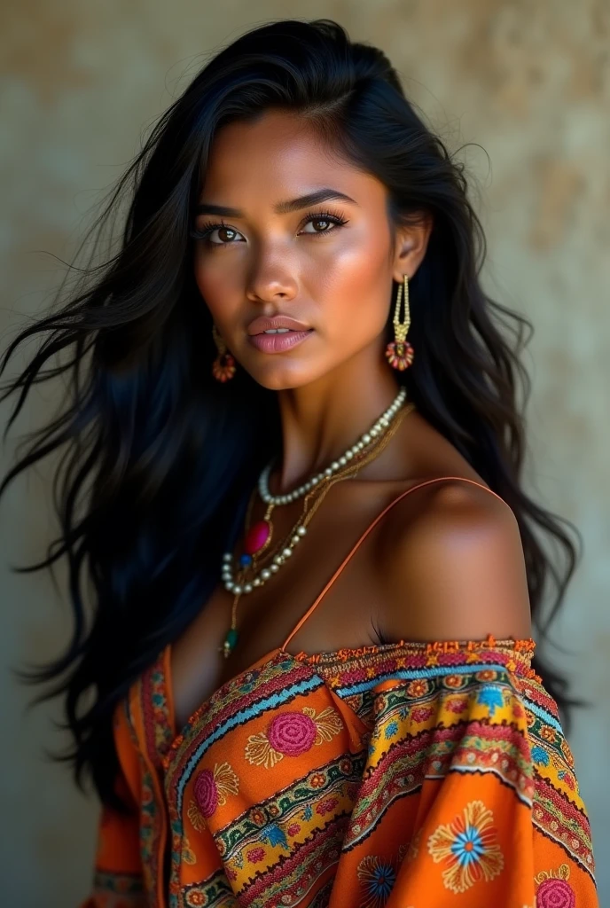 Woman with beautiful face, dark skin, black hair and indigenous dress