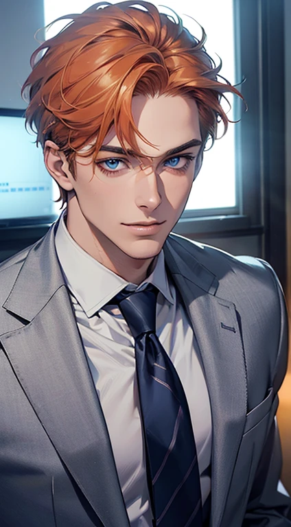 (Highest quality,4K,8K,High resolution,masterpiece:1.2),Super detailed,(Realistic,photoRealistic,photo-Realistic:1.37),1 personld,Mature Men,Beautiful skin、very handsome,Expressionless,smile,Short gray pi
Orange hair,blue eyes,Sharp Eyes,A perfect face without a doubt,Businessman,Office Background,Cinema Lighting,HDR image,tie、