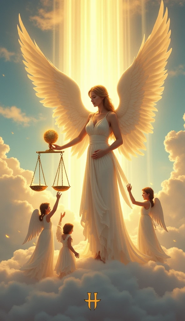 Design a captivating and balanced image for the 'Six of Spheres' card in the 'Lumen Angelis' tarot deck, inspired by the 'Six of Pentacles' from the Rider-Waite tarot.

At the center of the scene, depict a noble and serene angel with large, luminous wings, standing on a radiant cloud platform. The angel should be dressed in flowing robes of white and gold, symbolizing generosity and divine grace. In one hand, the angel holds a large, glowing sphere, extending it towards two ethereal, smaller angelic figures below. These smaller angels, representing those in need, look up with expressions of gratitude, each reaching out to receive a smaller sphere from the main figure.

In the other hand, the central angel holds a set of celestial scales, perfectly balanced, symbolizing fairness, balance, and the equitable distribution of resources. The scales should emit a soft, golden glow, indicating divine justice and harmony.

The background features a sky filled with soft, pastel-colored clouds and beams of divine light breaking through, creating a serene and holy atmosphere. The light should subtly highlight the central angel and the act of giving, reinforcing the theme of charity, balance, and grace.

Incorporate a color palette of gold, white, and soft blues to evoke a sense of peace, balance, and divine generosity. The overall composition should convey themes of giving, fairness, and the flow of abundance in alignment with the original symbolism of the Rider-Waite card.